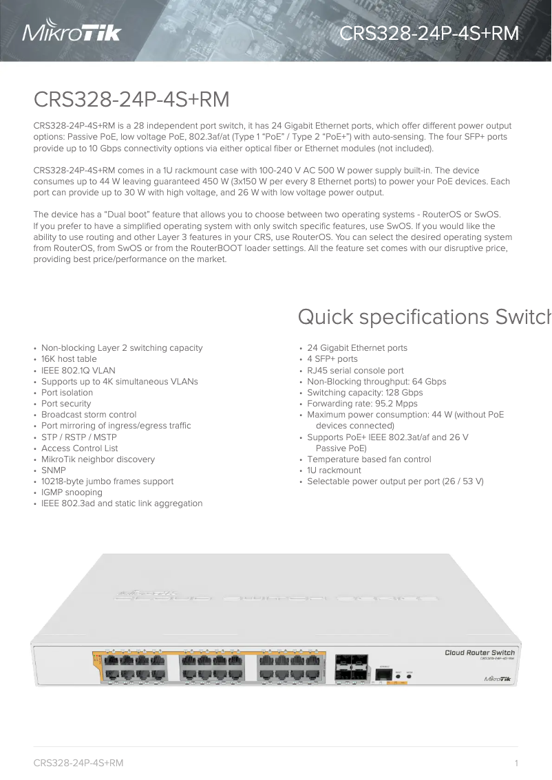 Page 1 de la notice Brochure Mikrotik CRS328-24P-4S+RM