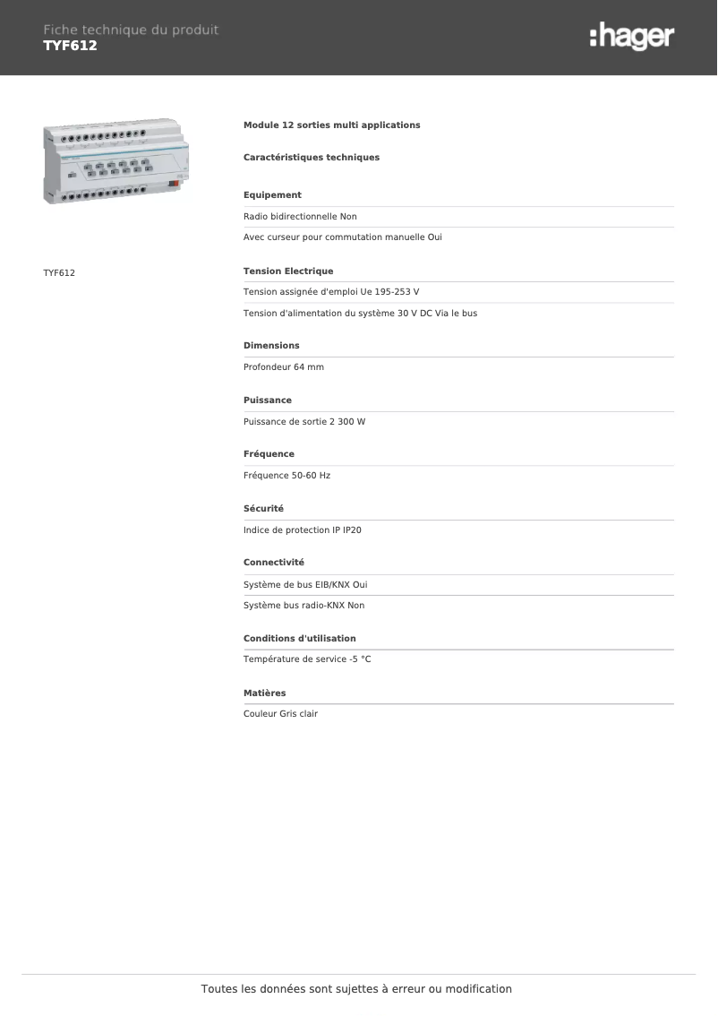Page 1 de la notice Fiche technique Hager TYF612