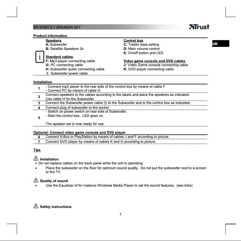 Page 1 de la notice Manuel utilisateur Trust SoundForce SP-3700T