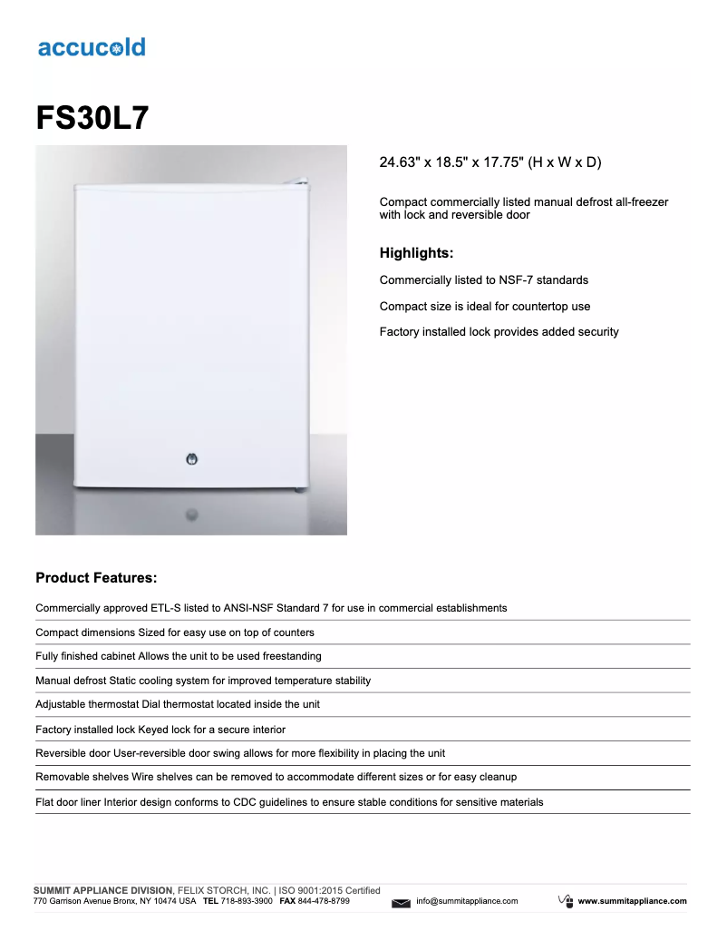 Page 1 de la notice Fiche technique Summit Accucold FS30L7
