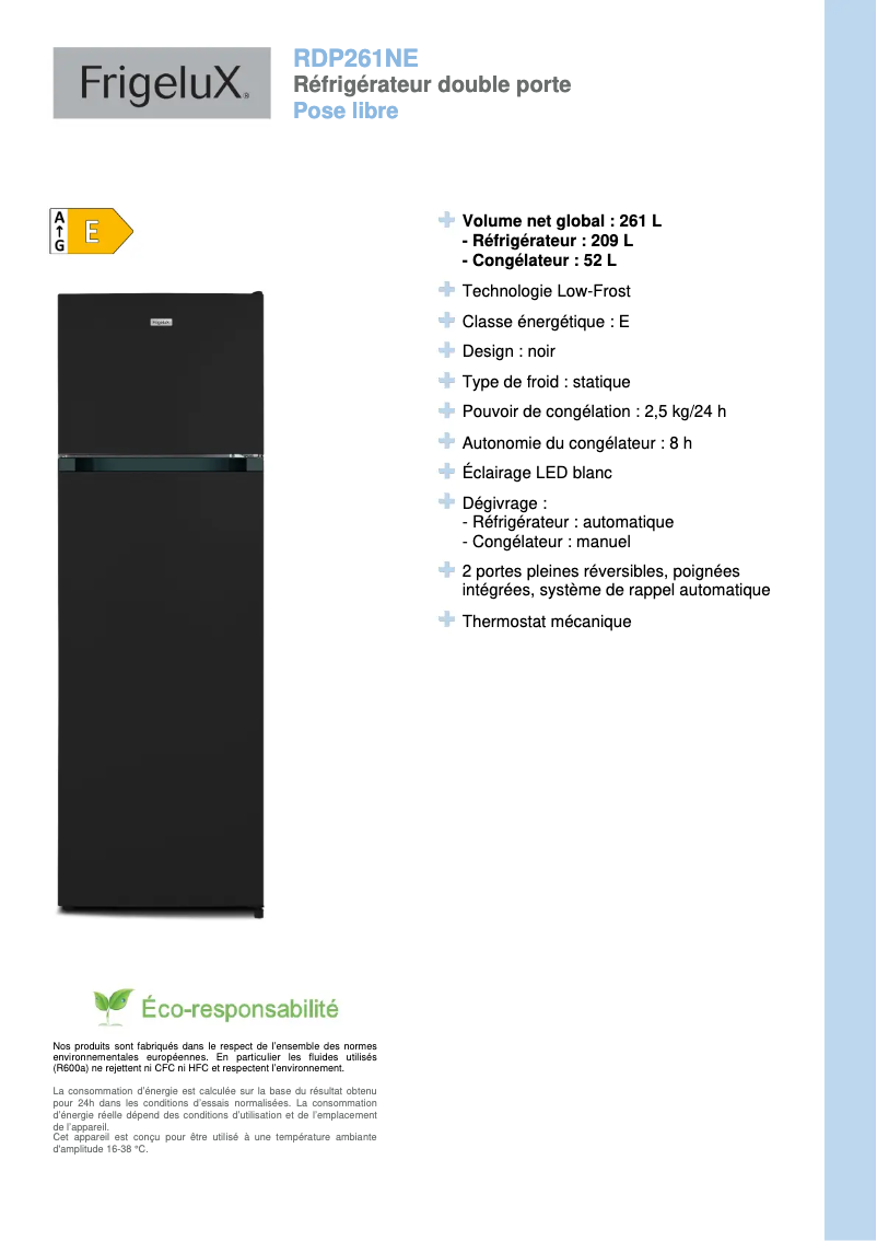 Página 1 del manual Ficha técnica FrigeluX RDP261NE