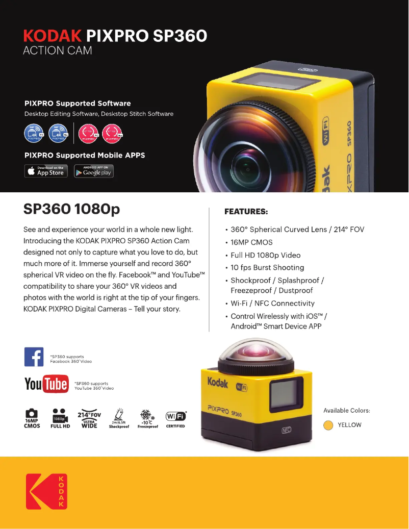 Page 1 de la notice Fiche technique Kodak PixPro SP360