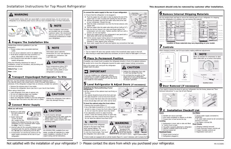 Page 1 de la notice Guide d'installation Frigidaire FFTR1814TW