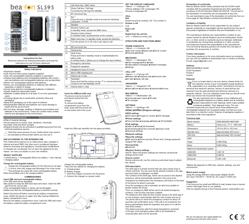 Page 1 of the manual User Manual Bea-fon SL595