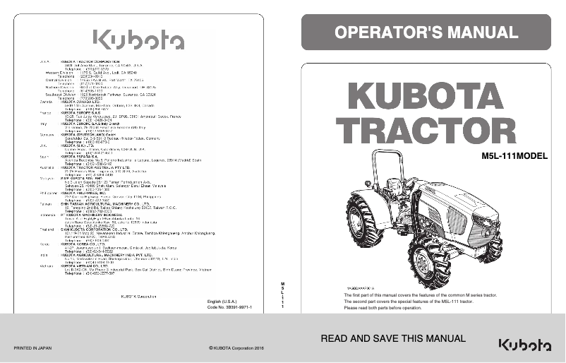 Page 1 de la notice Manuel utilisateur Kubota M5L-111RC