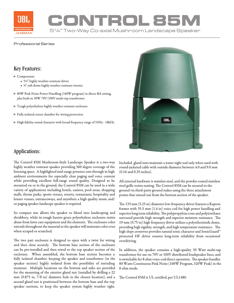 Página 1 del manual Ficha técnica JBL Control 85M