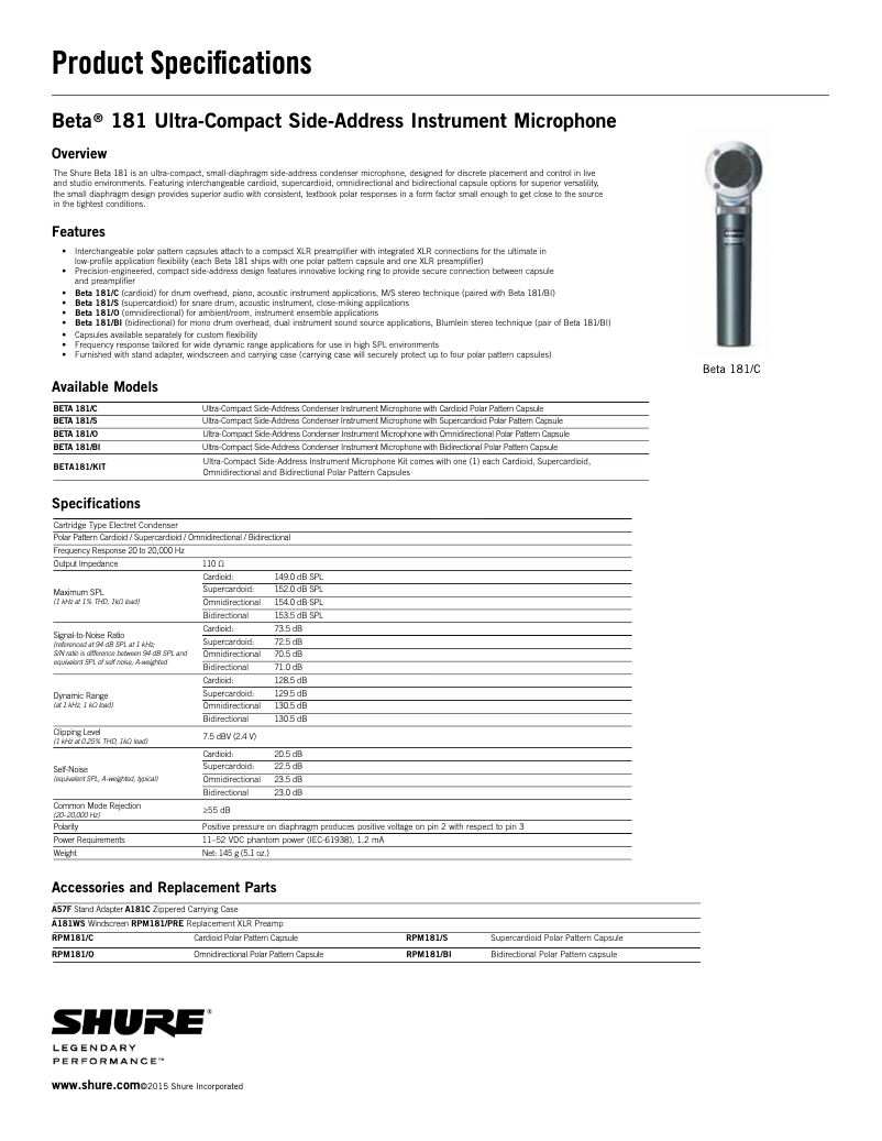 Page 1 de la notice Fiche technique Shure BETA 181