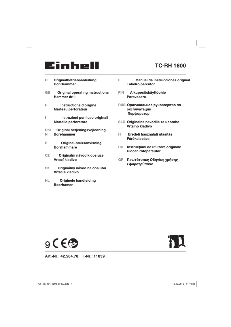 Page 1 de la notice Manuel utilisateur Einhell TC-RH 1600