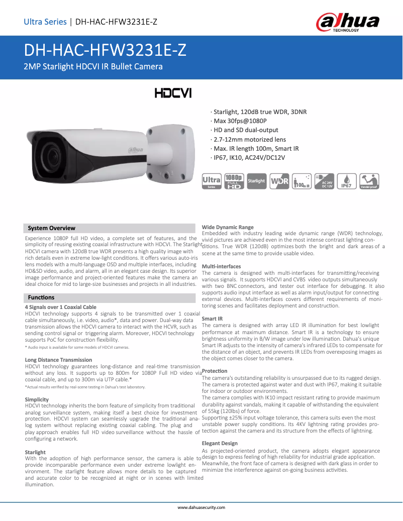 Page 1 de la notice Fiche technique Dahua Technology HAC-HFW3231E-Z