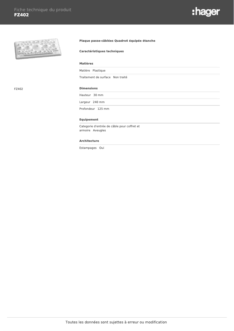 Page 1 de la notice Fiche technique Hager FZ402