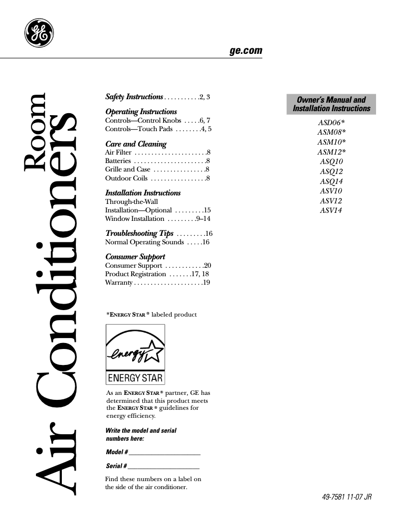 Page n°1 - Guide d'installation GE ASQ12DL