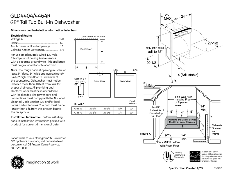 Page 1 of the manual Technical Sheet GE GLD4404RBB