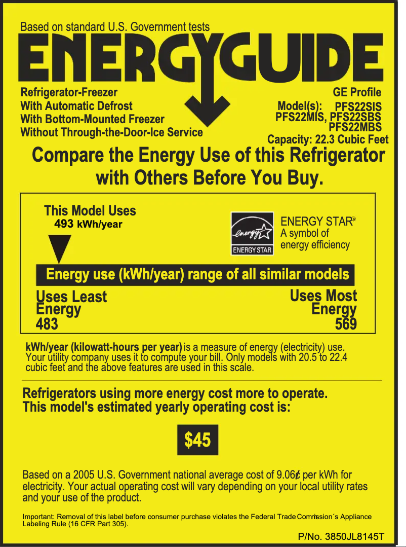 Page 1 de la notice Label énergétique GE Profile PFS22MISBB