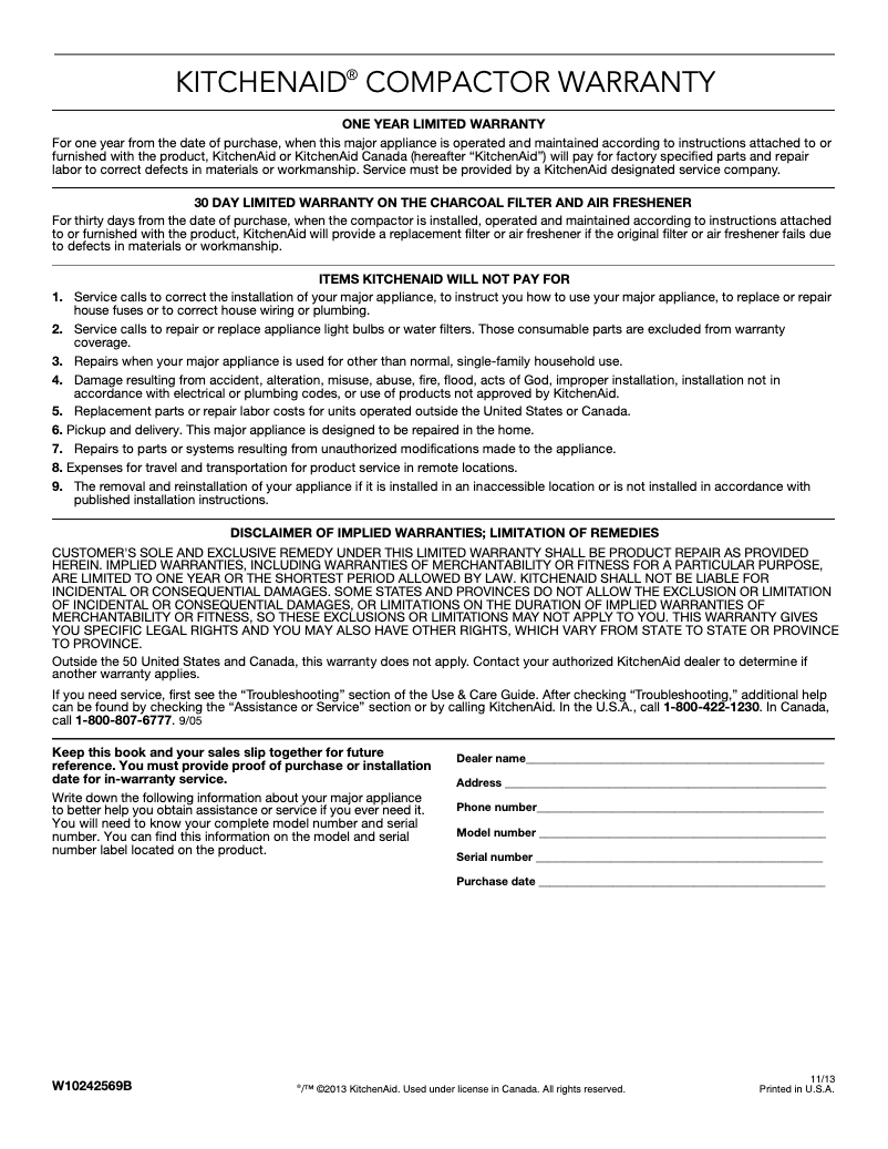 Page 1 de la notice Informations de garantie KitchenAid KUCS03FTSS