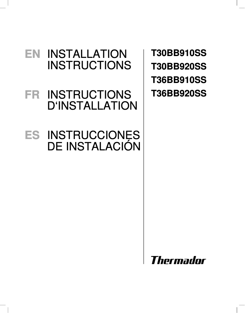 Page 1 of the manual Installation Guide Thermador T36BB910SS