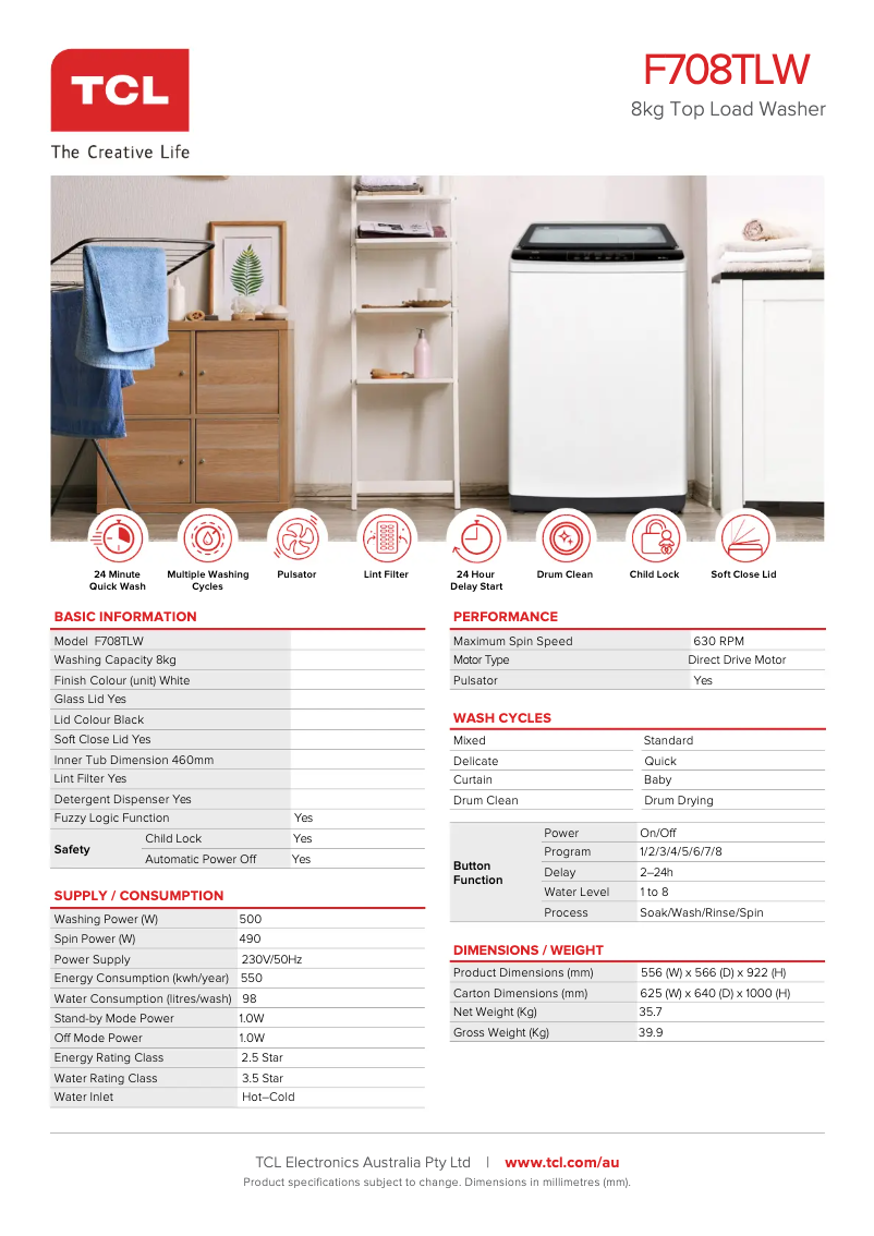 Página 1 del manual Ficha técnica TCL F708TLW