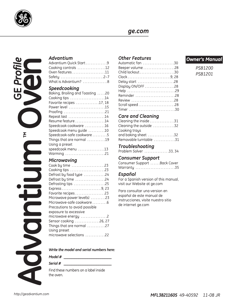 Página 1 del manual Manual de usuario GE Advantium PSB1200