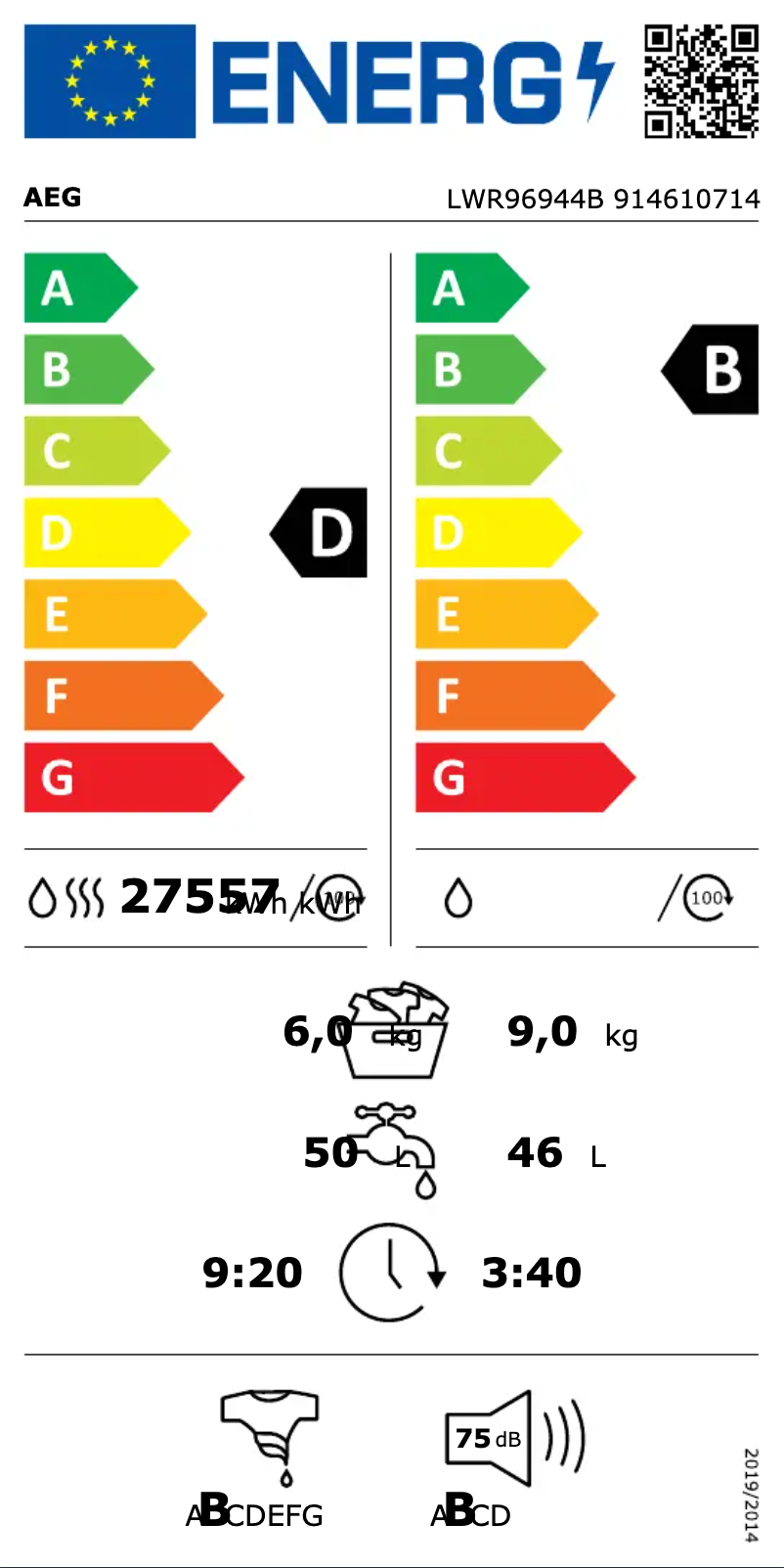 Página 1 del manual Etiqueta energética AEG LWR96944B