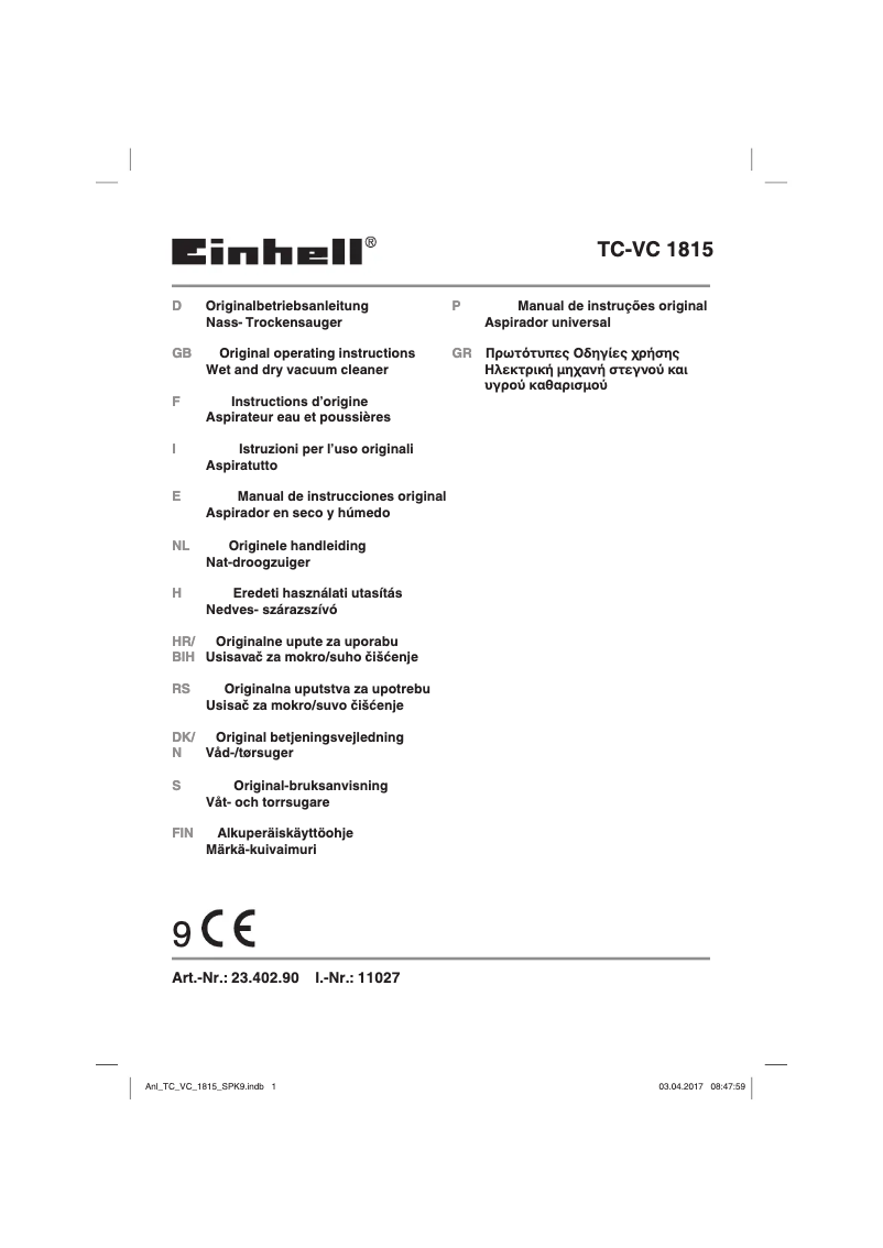 Page 1 de la notice Manuel utilisateur Einhell TH-VC 1815