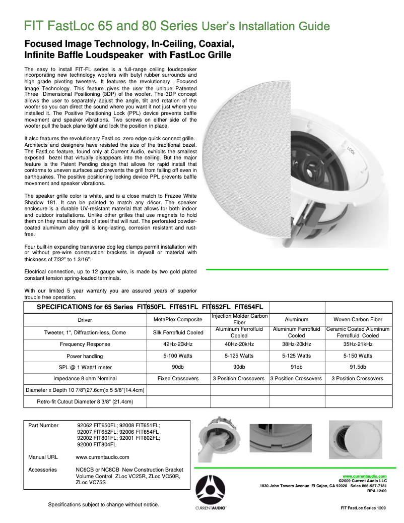 Page 1 de la notice Manuel utilisateur Current Audio FIT650FL