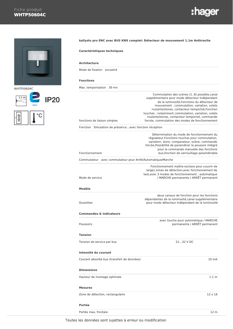 Page 1 de la notice Fiche technique Hager WHTP50604C