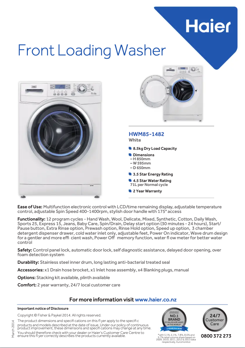 Página 1 del manual Ficha técnica Haier HWM85-1482