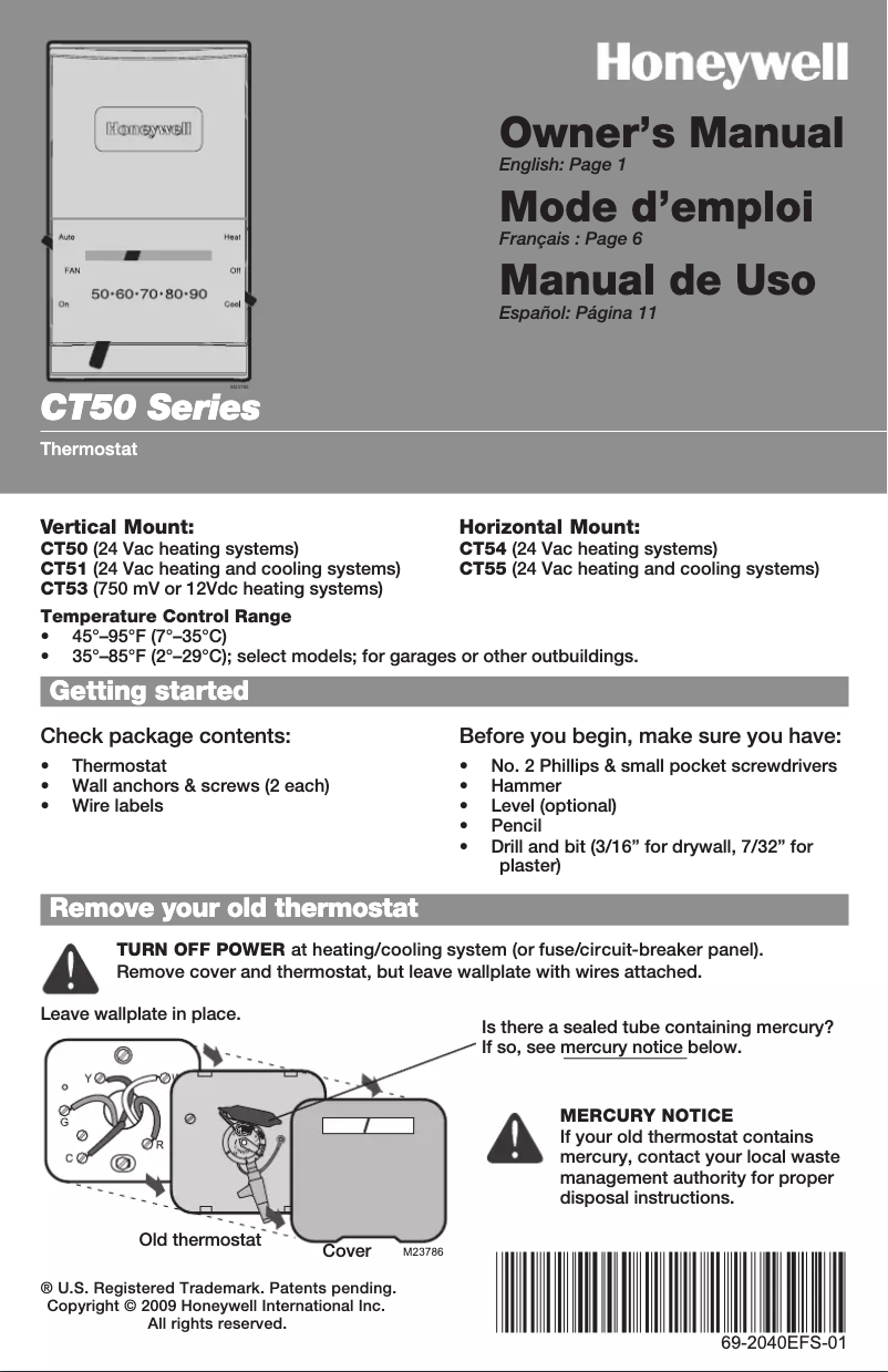 Page 1 de la notice Manuel utilisateur Honeywell YCT50K1006