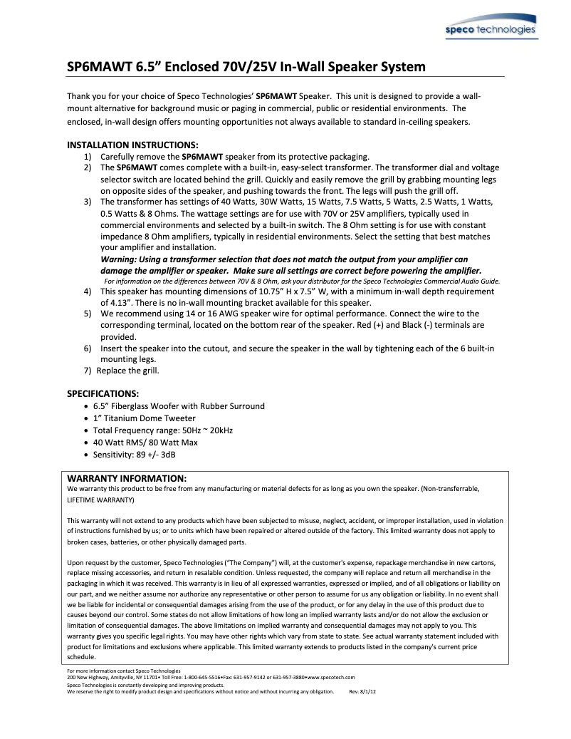 Page 1 de la notice Manuel utilisateur Speco Technologies SP6MAWT