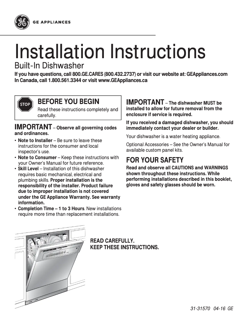 Page n°1 - Guide d'installation GE GSD2101VWW