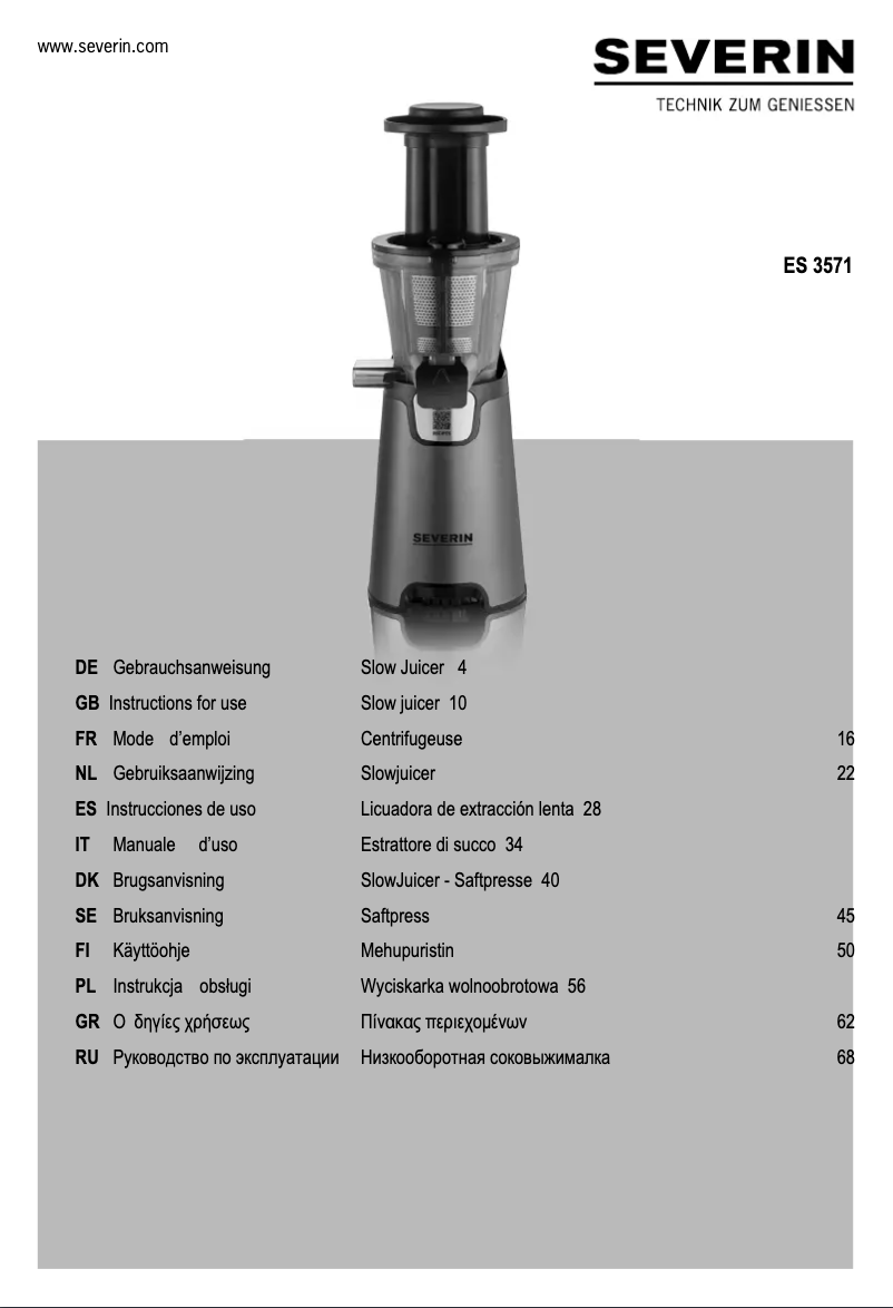 Página 1 del manual Ficha técnica Severin ES 3571