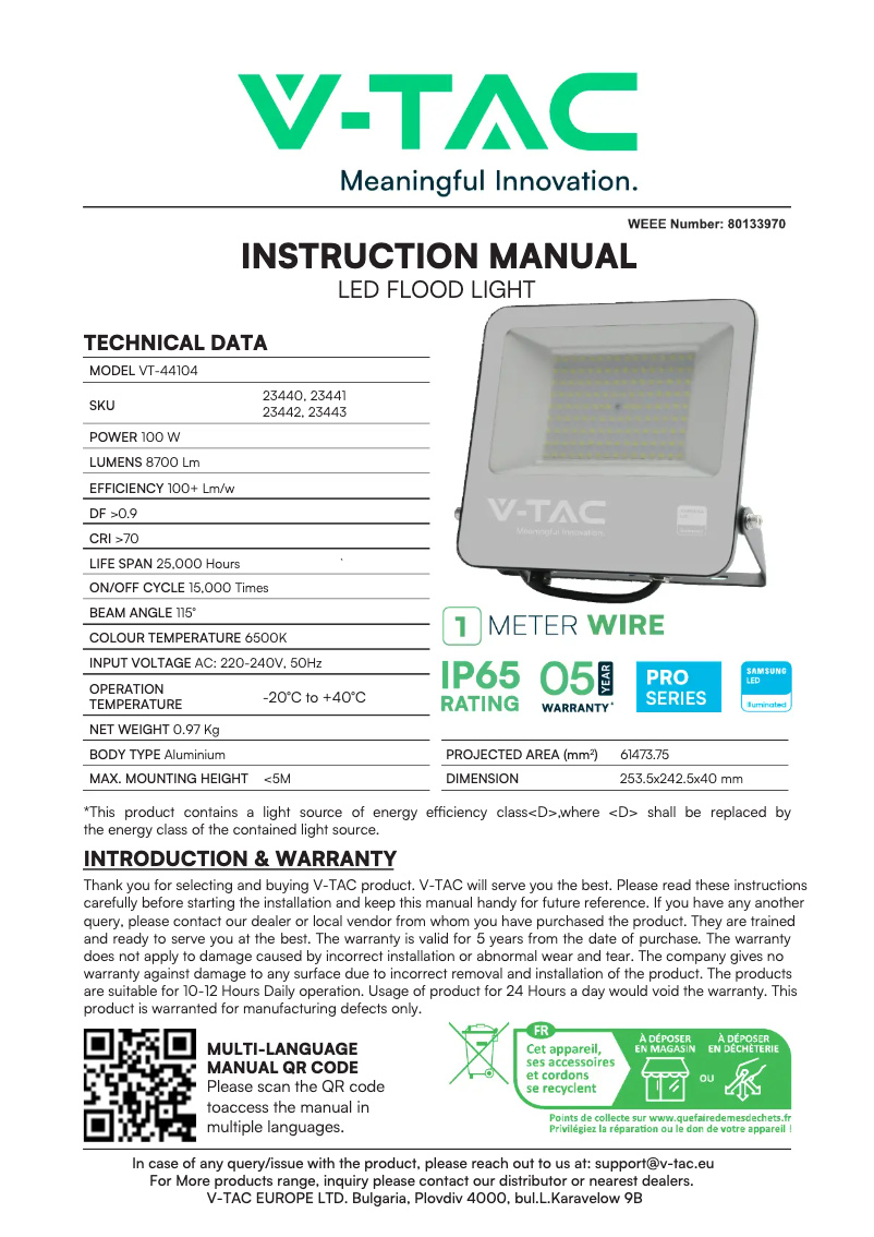 Page 1 de la notice Manuel utilisateur V-TAC VT-44104-W