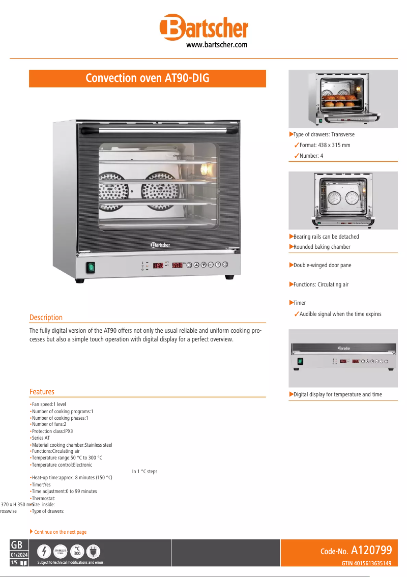 Page 1 de la notice Fiche technique Bartscher AT90-DIG