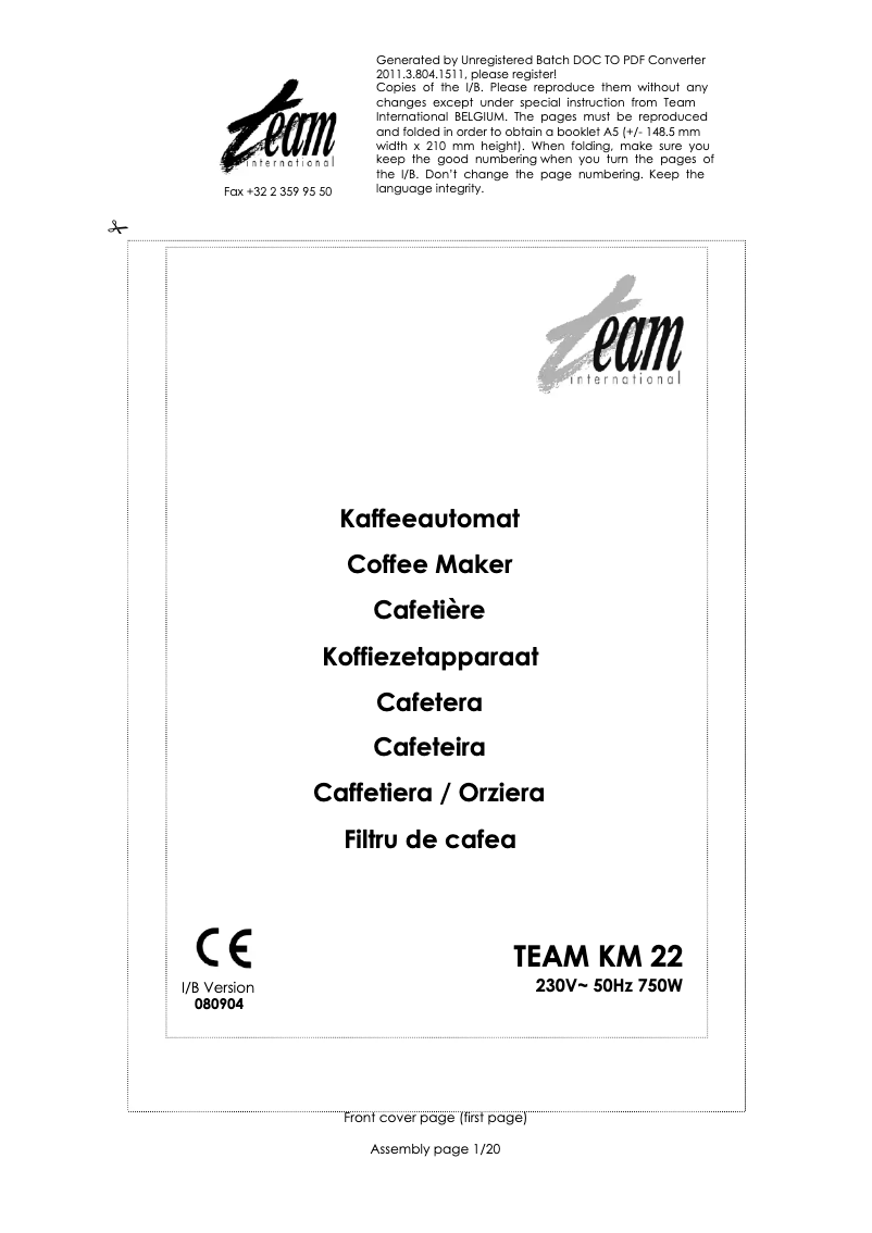 Page 1 de la notice Manuel utilisateur Team KM 22
