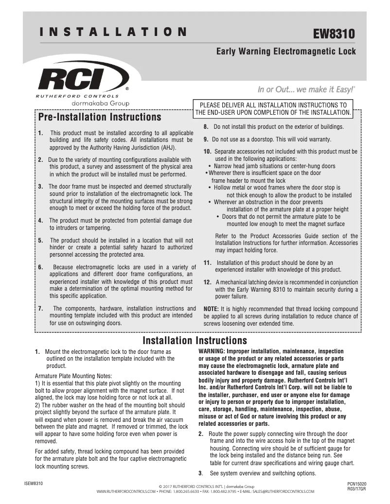 Page 1 de la notice Manuel utilisateur Dormakaba RCI EW8310