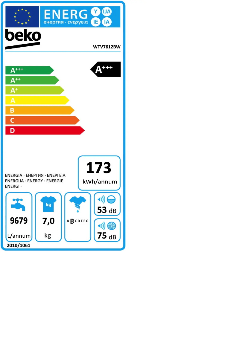 Page 1 de la notice Label énergétique Beko WTV 7612 BW