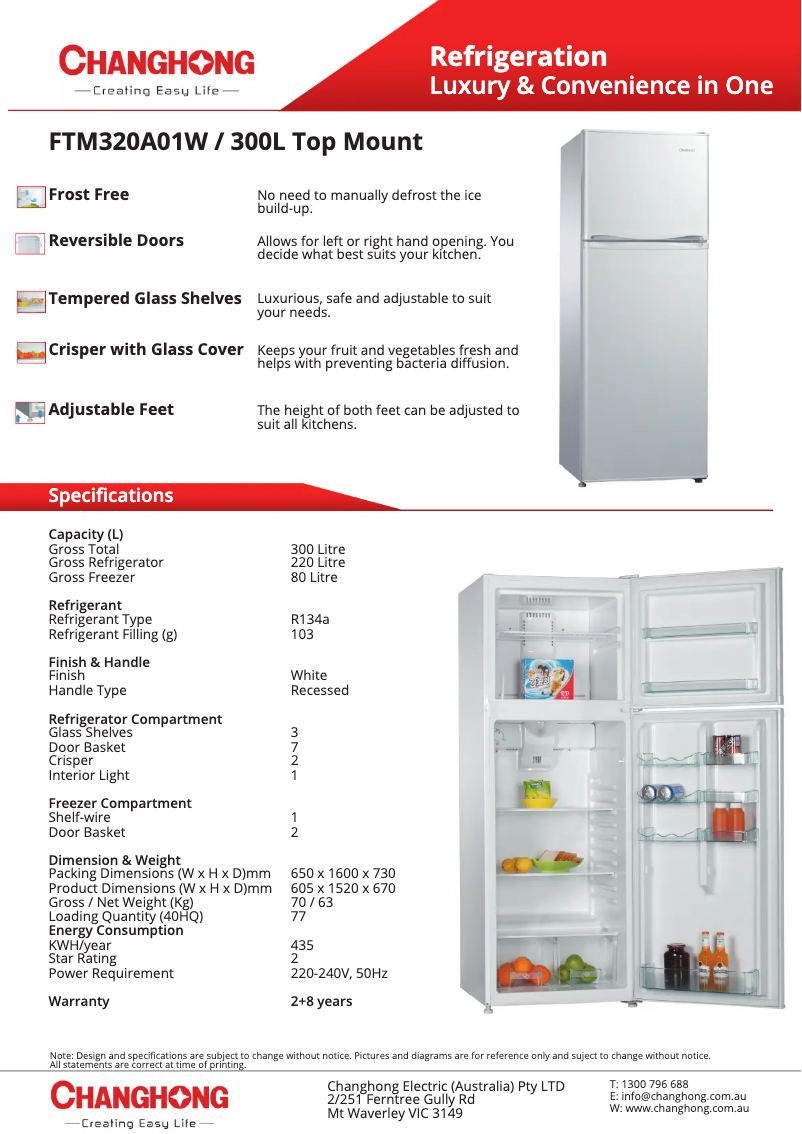 Page 1 de la notice Fiche technique Changhong FTM320A01W