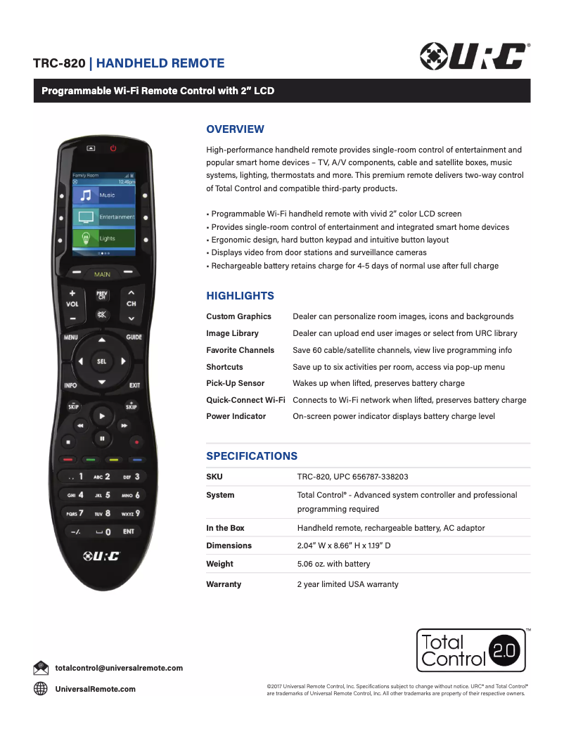 Page 1 de la notice Fiche technique Universal Remote Control TRC-820
