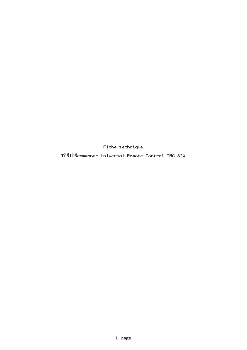 Page 1 de la notice Fiche technique Universal Remote Control TRC-820