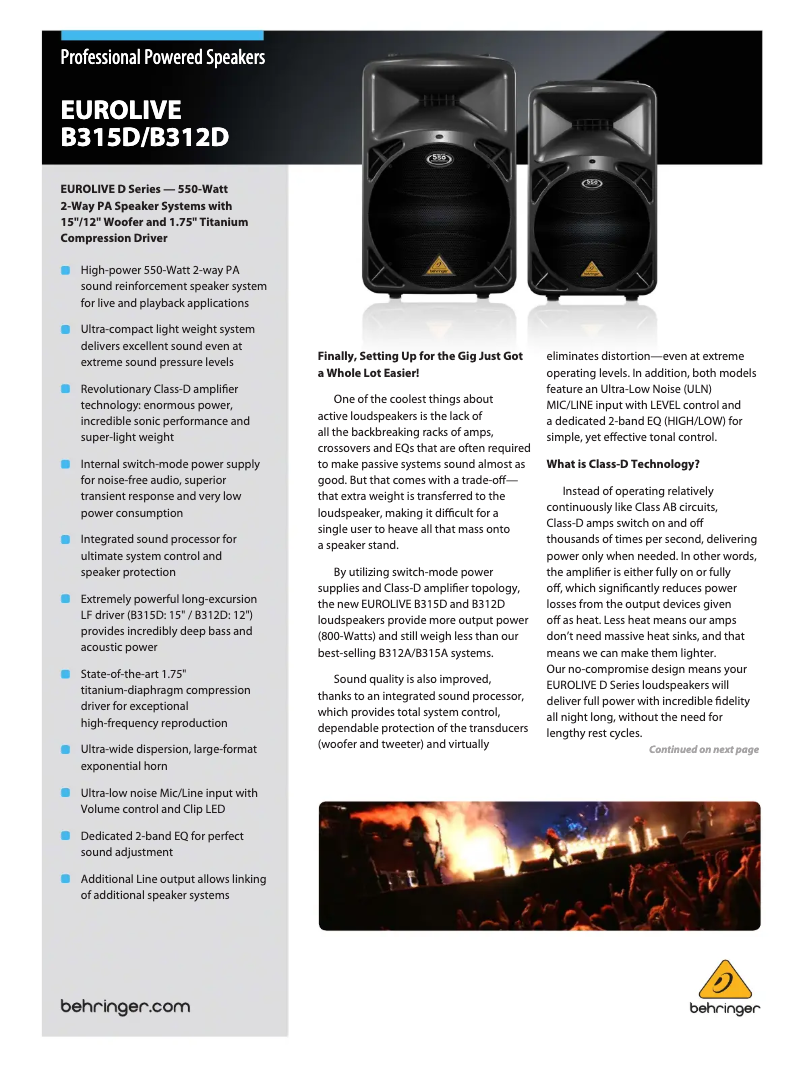Page 1 de la notice Brochure Behringer Eurolive B315D