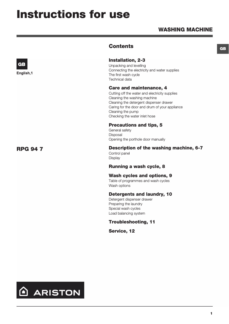 Page 1 de la notice Manuel utilisateur Ariston Thermo RPG947DAUS