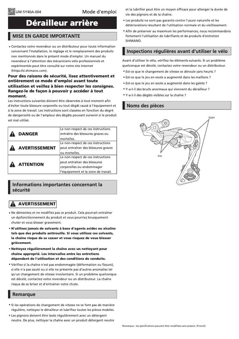 Page 1 de la notice Manuel utilisateur Shimano RD-M670-SGS