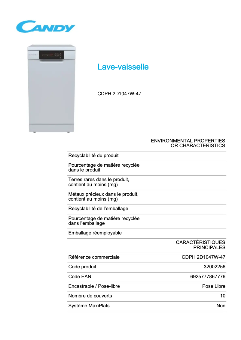 Page 1 of the manual Technical Sheet Candy CDPH 2D1047W