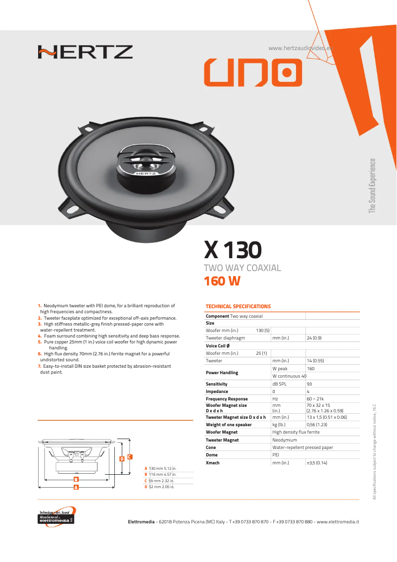 Page 1 de la notice Fiche technique Hertz Uno X 130