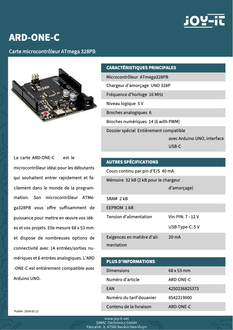 Page 1 of the manual Technical Sheet Joy-It ARD-One-C