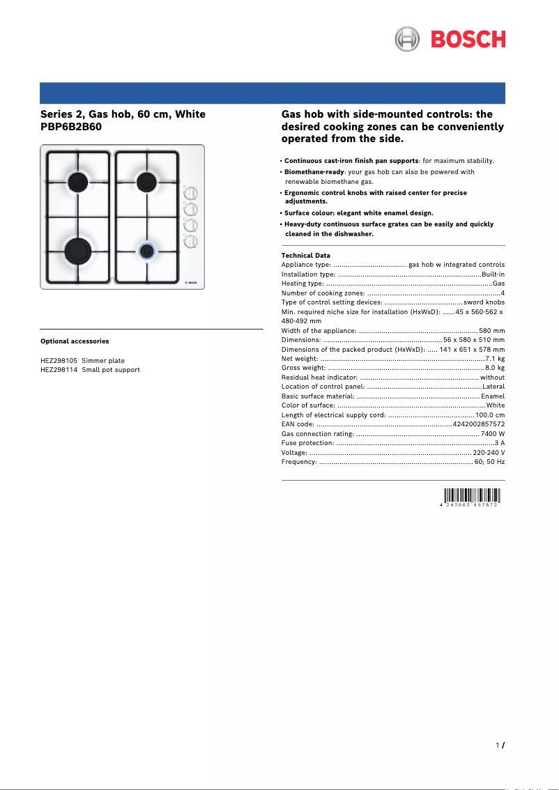 Page 1 de la notice Fiche technique Bosch PBP6B2B60