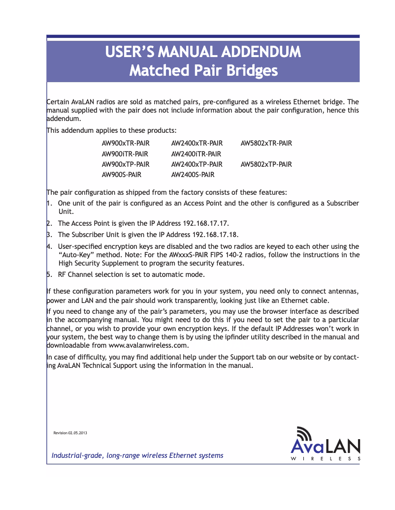 Page 1 de la notice Manuel utilisateur AvaLAN AW5802xTR-Pair