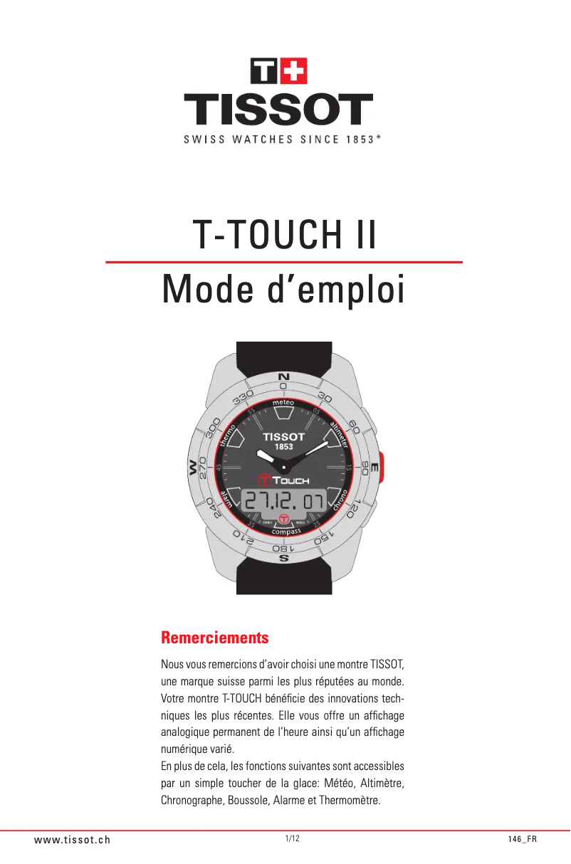 Page 1 de la notice Manuel utilisateur Tissot T-TOUCH II Stainless Steel Gent