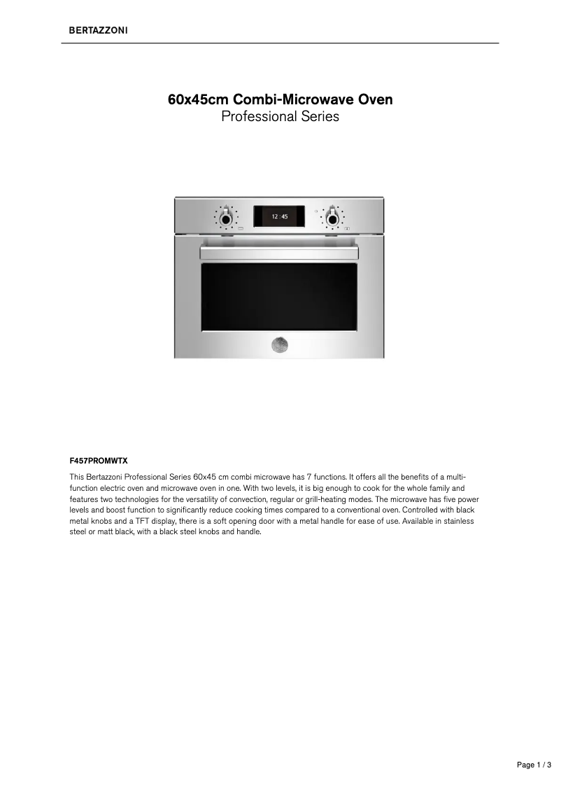 Page 1 de la notice Fiche technique Bertazzoni F457PROMWTX