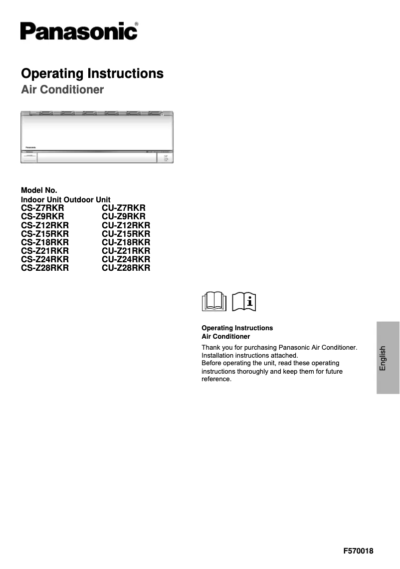 Page 1 de la notice Manuel utilisateur Panasonic CU-Z15RKR