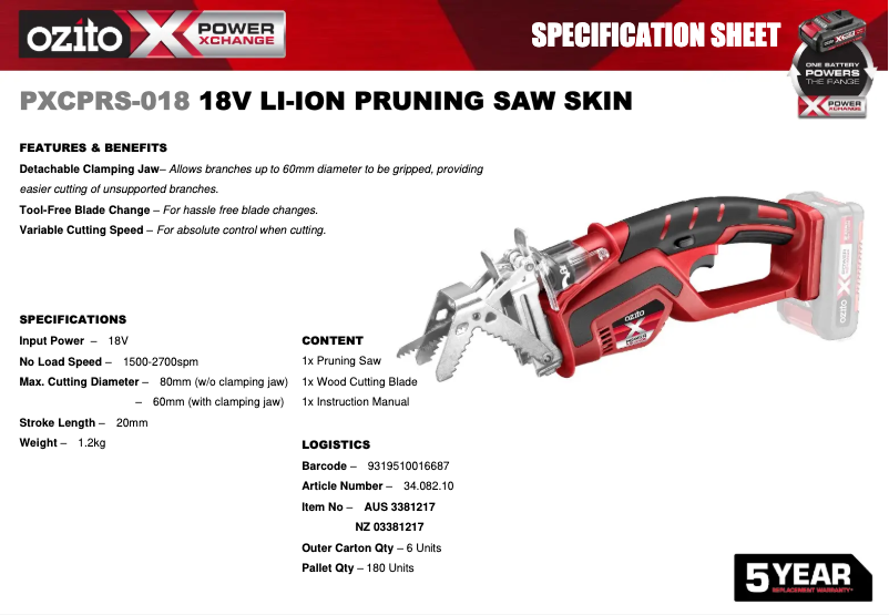 Page 1 de la notice Fiche technique Ozito PXCPRS-018